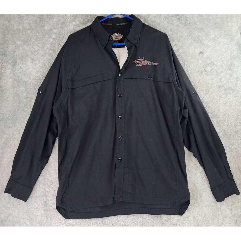 Harley Davidson Shirt Mens Large Black Logo Casual Vented Button Up Long‎ Sleeve